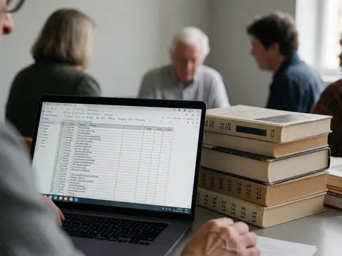 Des mains saisissant un clavier d'ordinateur portable posé sur un bureau, entouré de livres de bibliothèque, évoquant un travail de recherche académique.