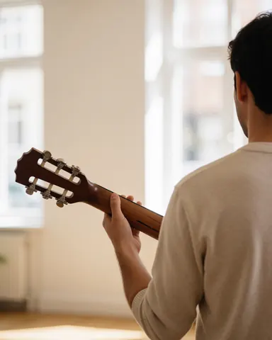 Un étudiant joue de la guitare dans un studio lumineux aux murs blancs, idéal pour une académie de musique.