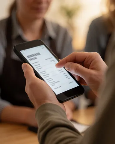 Une cliente signe une facture numérique sur son smartphone dans un commerce éclairé par une lumière chaude, illustrant l'utilisation de la technologie pour le service client.