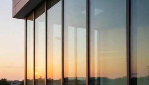 Façade moderne en verre reflétant les tons chauds d'un coucher de soleil, idéale pour illustrer un commerce ou une entreprise.