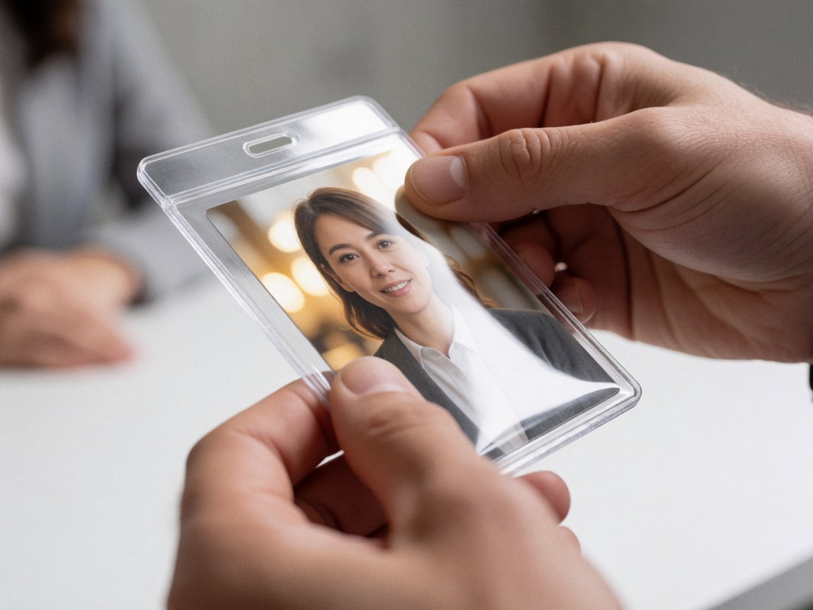 Des mains insèrent une photographie dans un porte-badge magnétique transparent posé sur une table blanche, évoquant l'identification professionnelle en entreprise.