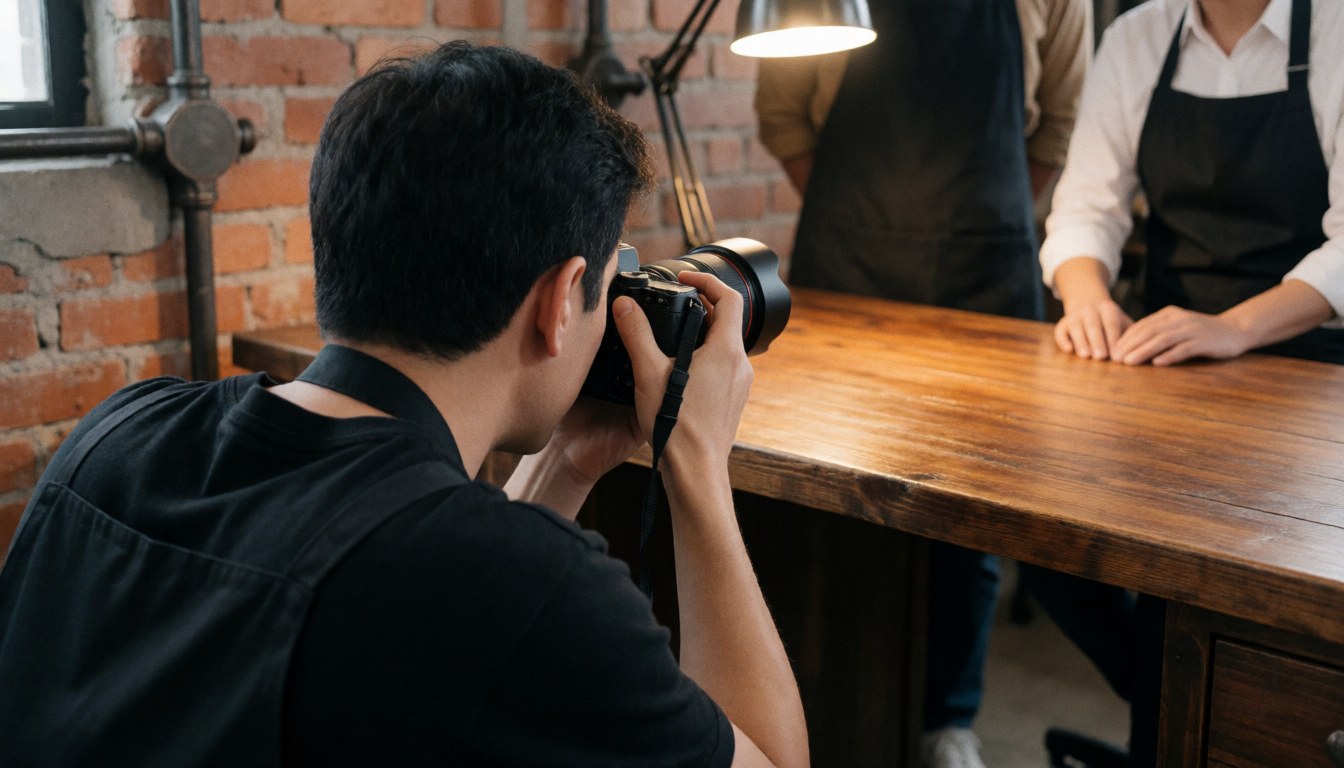 Un photographe professionnel capture des images d'une table en bois poli dans un espace aux murs de briques apparentes et à l'éclairage de bureau.