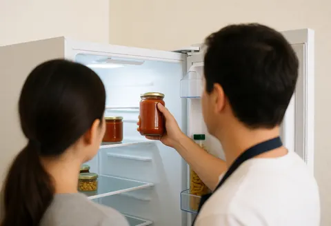 Personne portant un tablier place un bocal de sauce dans un réfrigérateur blanc aux étagères propres et à l'éclairage lumineux, scène de service en action.