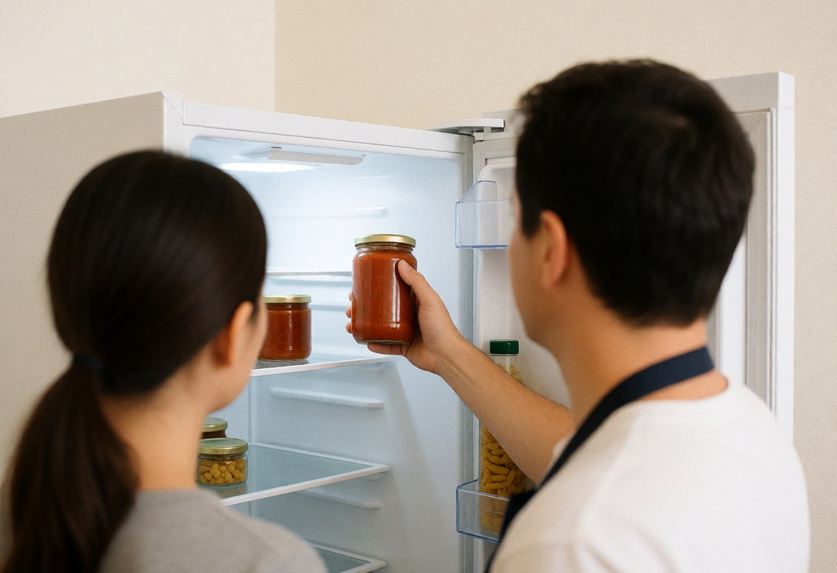 Personne portant un tablier place un bocal de sauce dans un réfrigérateur blanc aux étagères propres et à l'éclairage lumineux, scène de service en action.
