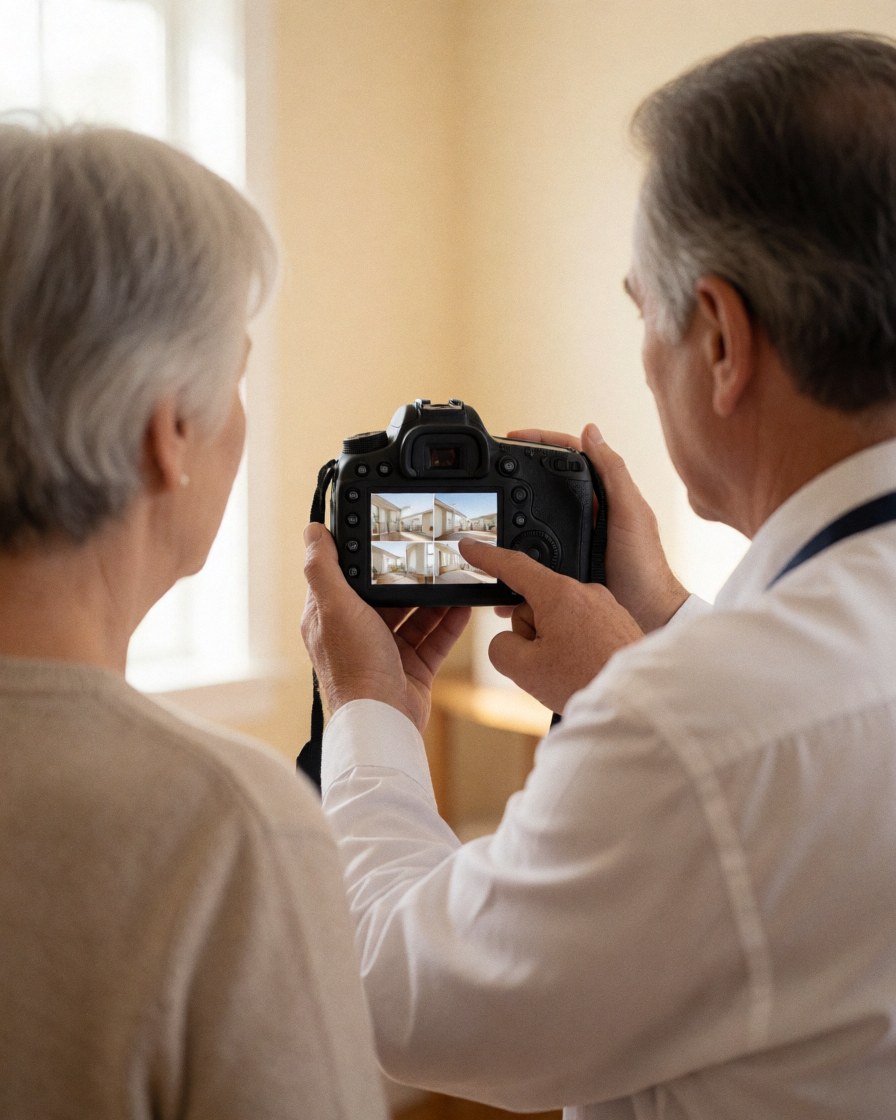 Un inspecteur montre des photos sur l'écran de son appareil photo reflex à un client dans une pièce aux murs beiges et à la lumière chaude pour examiner l'état d'un commerce.