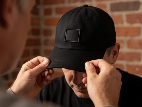 Un homme ajuste une casquette noire ornée d'un patch brodé sur un mur de briques rouges, mettant en valeur la texture et le travail du fil.