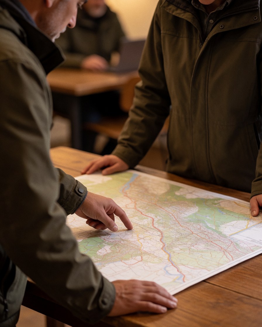 Un moniteur de vélo et un client consultent une carte topographique dans un bureau aux murs en bois, vêtus de vêtements de plein air.