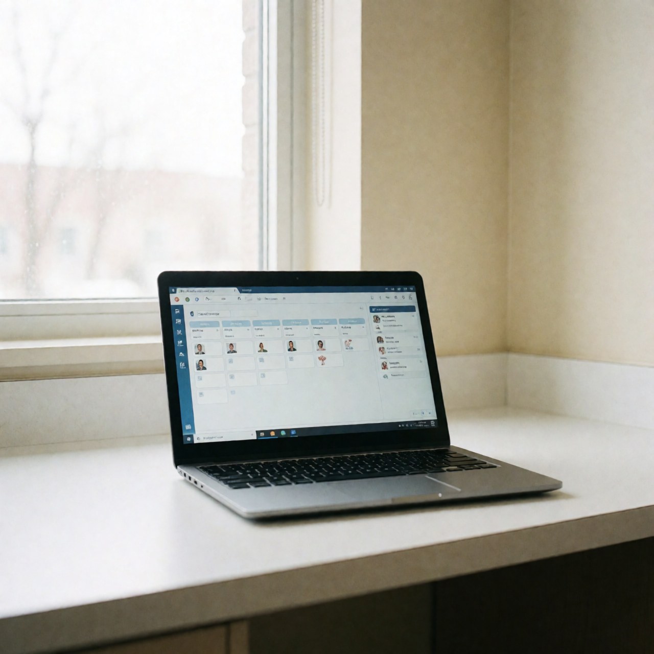 Un ordinateur portable posé sur une table blanche près d'une fenêtre laissant entrer la lumière naturelle, avec une interface de gestion de rendez-vous visible à l'écran, dans un bureau ou un cabinet professionnel.
