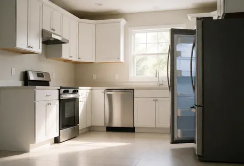 Cuisine moderne et propre avec un réfrigérateur en acier inoxydable ouvert, révélant son intérieur lumineux et organisé.