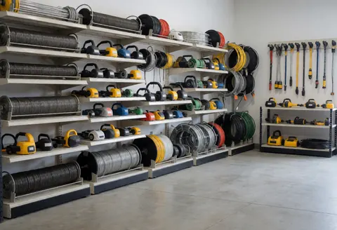 Entrepôt industriel avec étagères remplies d'outils électriques et de rouleaux de câbles, idéal pour un magasin de réparations.