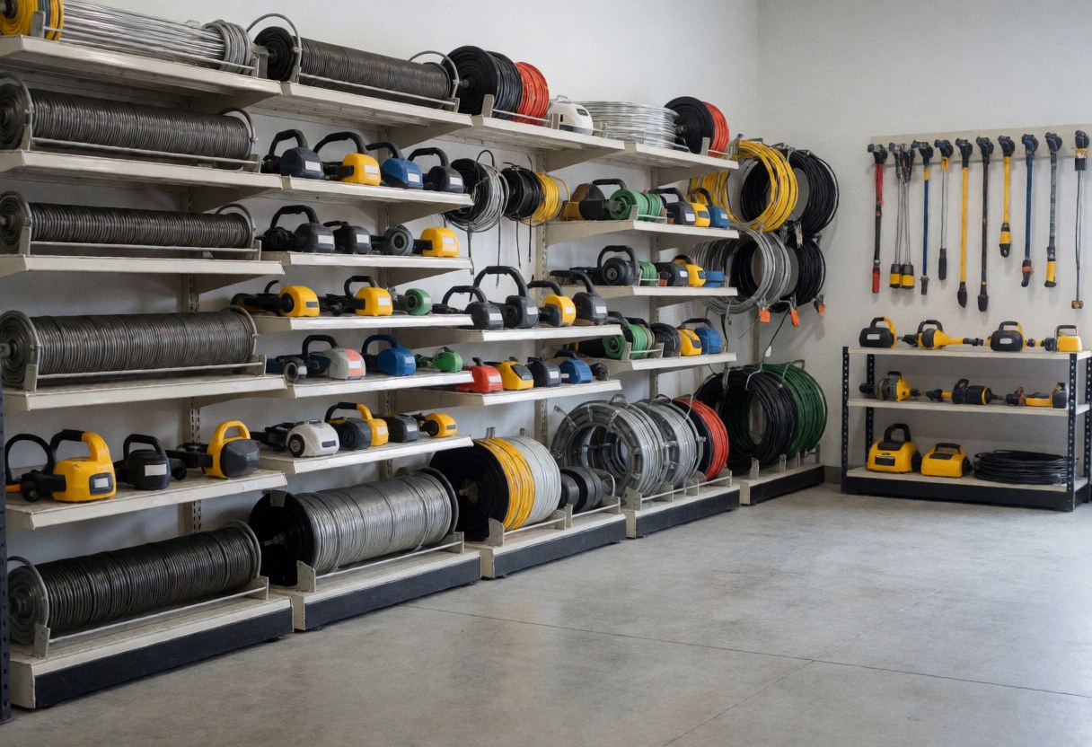 Entrepôt industriel avec étagères remplies d'outils électriques et de rouleaux de câbles, idéal pour un magasin de réparations.