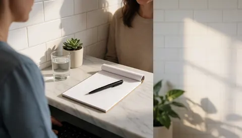 Table en marbre blanc avec un carnet, un stylo, un verre d'eau et une plante succulente, idéale pour un bureau moderne et épuré.