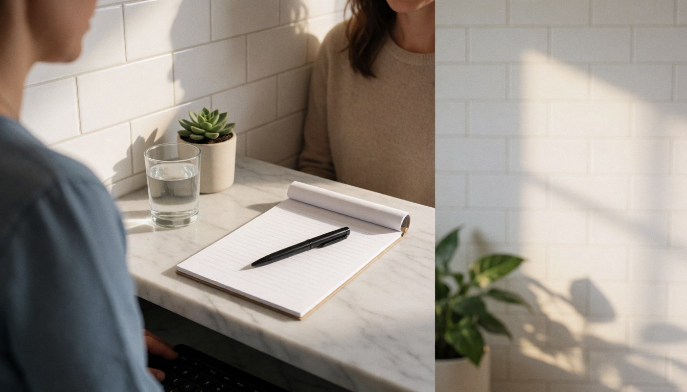 Table en marbre blanc avec un carnet, un stylo, un verre d'eau et une plante succulente, idéale pour un bureau moderne et épuré.