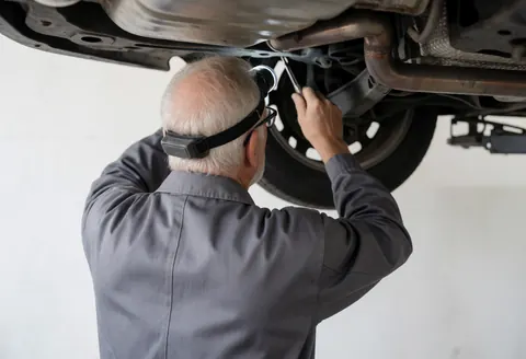 Mécanicien en tenue de travail et casque, utilisant un outil sous un véhicule dans un atelier à mur blanc pour une réparation automobile.