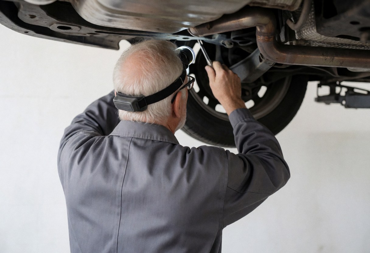Mécanicien en tenue de travail et casque, utilisant un outil sous un véhicule dans un atelier à mur blanc pour une réparation automobile.