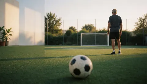 Homme de dos contemplant un but sur un terrain de football synthétique baigné de lumière dorée, idéal pour une page d'accueil de club sportif.