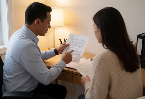 Un homme et une femme analysent des documents sur une table en bois dans un bureau éclairé par une lumière chaude, illustrant un service professionnel.