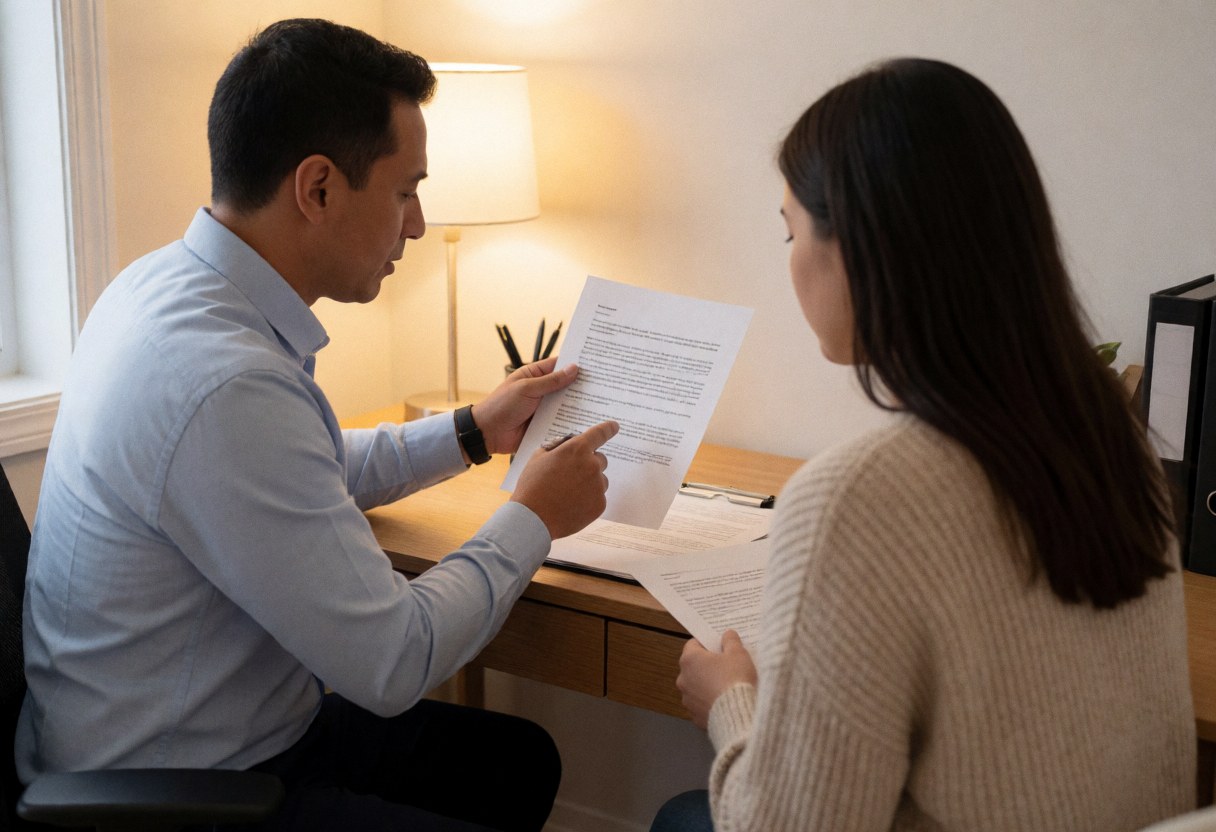 Un homme et une femme analysent des documents sur une table en bois dans un bureau éclairé par une lumière chaude, illustrant un service professionnel.