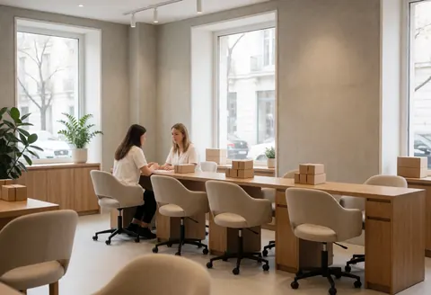 Deux individus assis sur des chaises, concentrés sur leur travail à une table en bois entourée de cartons, dans un espace aux murs de béton et grandes fenêtres.
