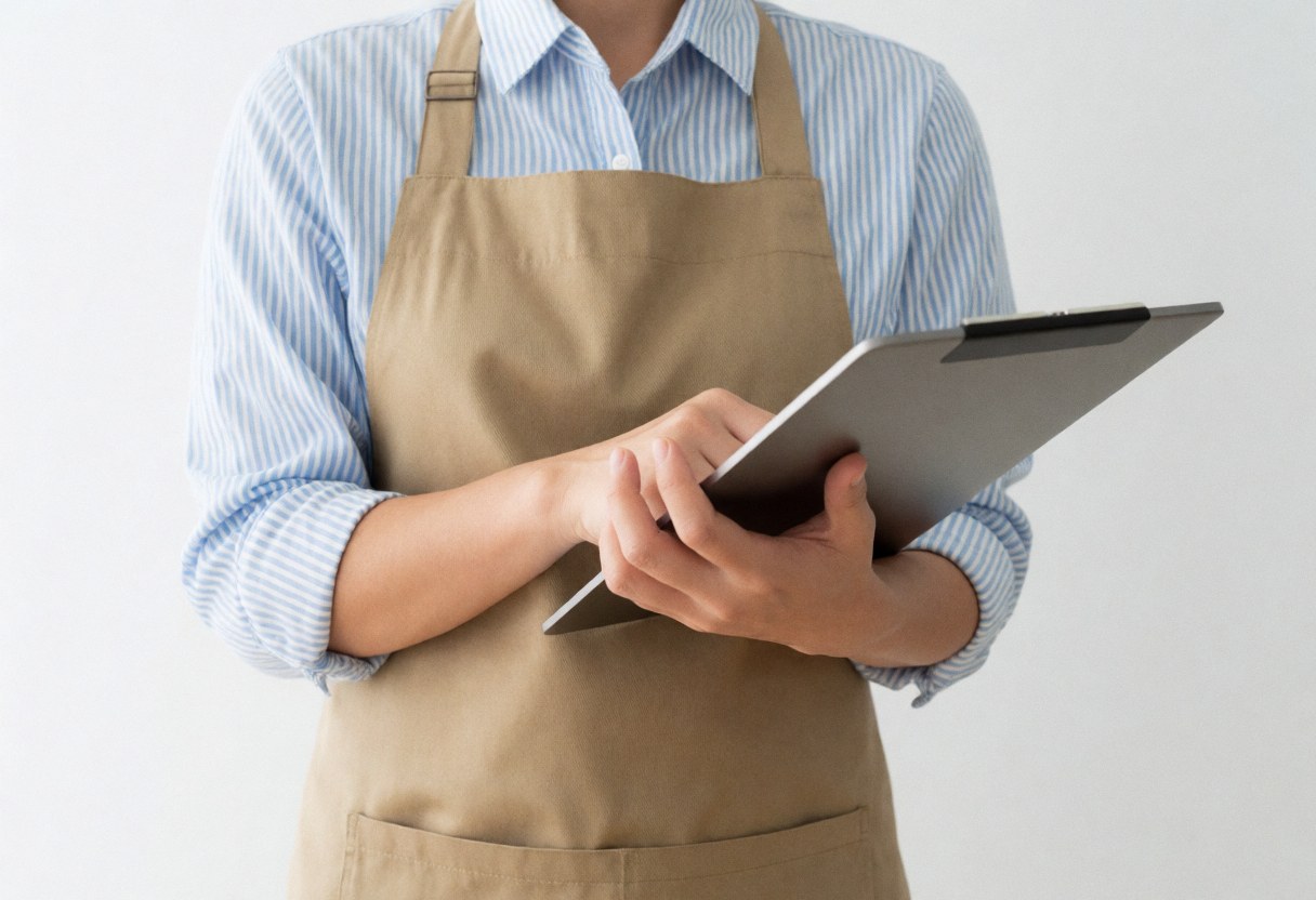 Personne portant un tablier et une chemise à rayures tenant une tablette numérique sur fond blanc, évoquant les services professionnels et le soutien technique.
