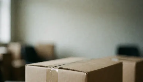 Plusieurs boîtes en carton fermées avec du ruban adhésif posées sur un bureau blanc, servant de fond neutre pour ajouter du texte ou des informations commerciales.