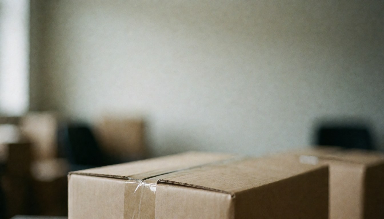 Plusieurs boîtes en carton fermées avec du ruban adhésif posées sur un bureau blanc, servant de fond neutre pour ajouter du texte ou des informations commerciales.