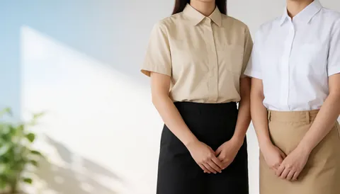 Deux employées de bureau portant un uniforme à manches courtes, debout dans un bureau avec un mur blanc et une lumière naturelle, laissant de l'espace pour du texte à gauche.