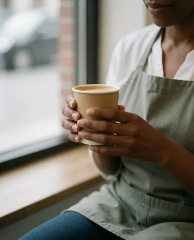 Une cliente portant un tablier tient une tasse de café près d'une fenêtre dans un café, baignée de lumière naturelle.
