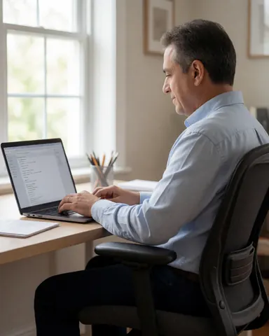 Un homme travaille sur un ordinateur portable dans son bureau avec une chaise ergonomique, profitant de la lumière naturelle pour créer une ambiance professionnelle et détendue.