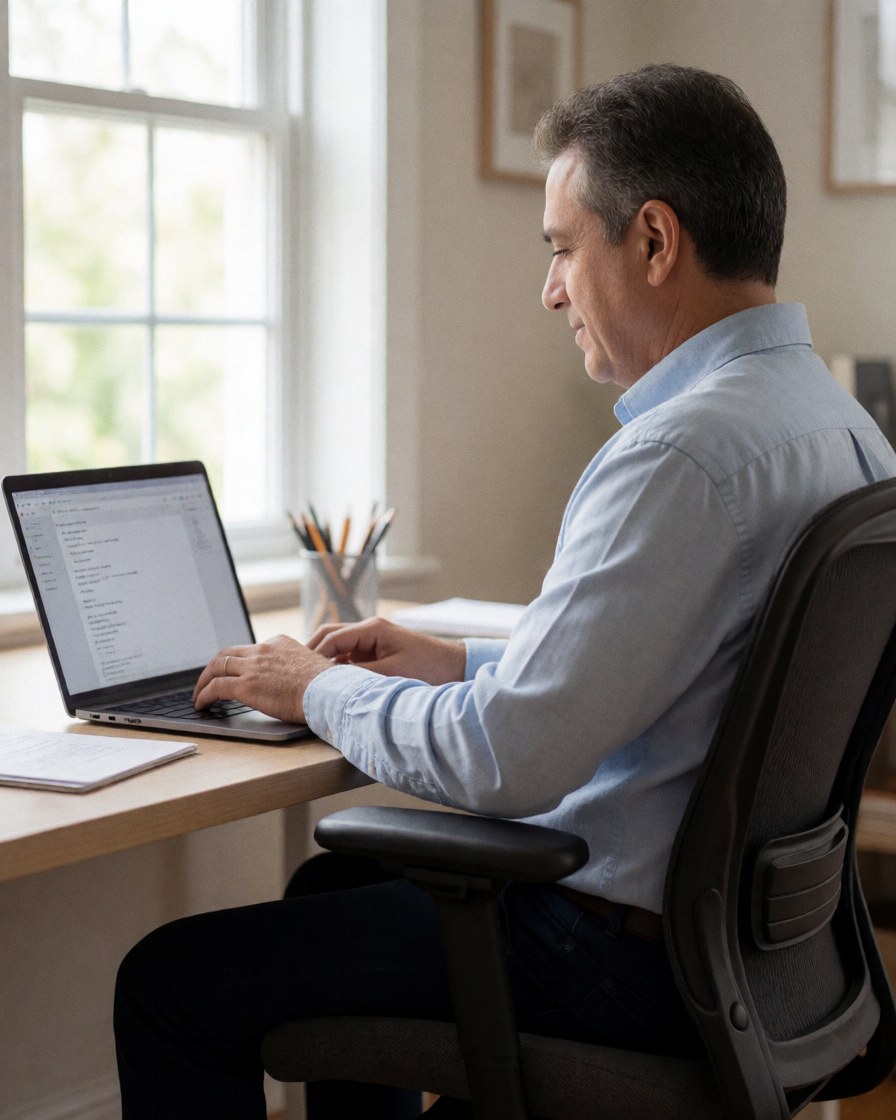 Un homme travaille sur un ordinateur portable dans son bureau avec une chaise ergonomique, profitant de la lumière naturelle pour créer une ambiance professionnelle et détendue.