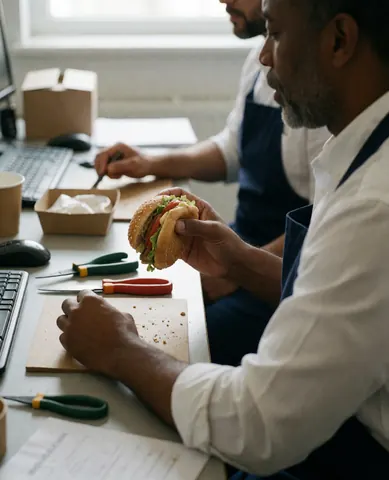Une cliente déguste un hamburger et des frites dans un bureau propre, entourée d'outils et d'un ordinateur, reflétant un environnement de travail satisfaisant.