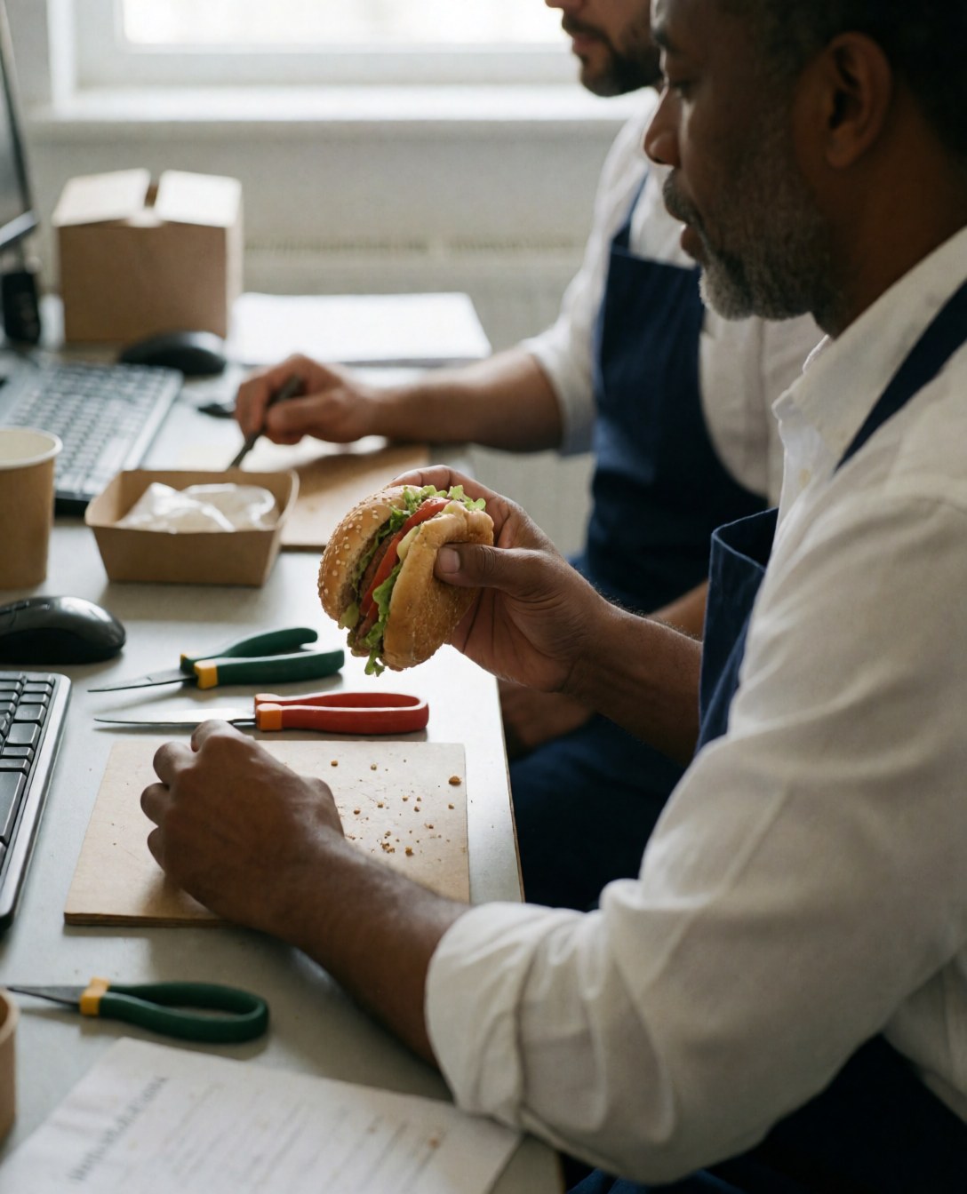 Une cliente déguste un hamburger et des frites dans un bureau propre, entourée d'outils et d'un ordinateur, reflétant un environnement de travail satisfaisant.