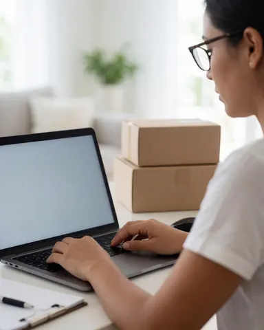 Une femme travaille sur son ordinateur portable dans un bureau moderne avec des cartons d'expédition empilés, illustrant le commerce en ligne et la productivité.