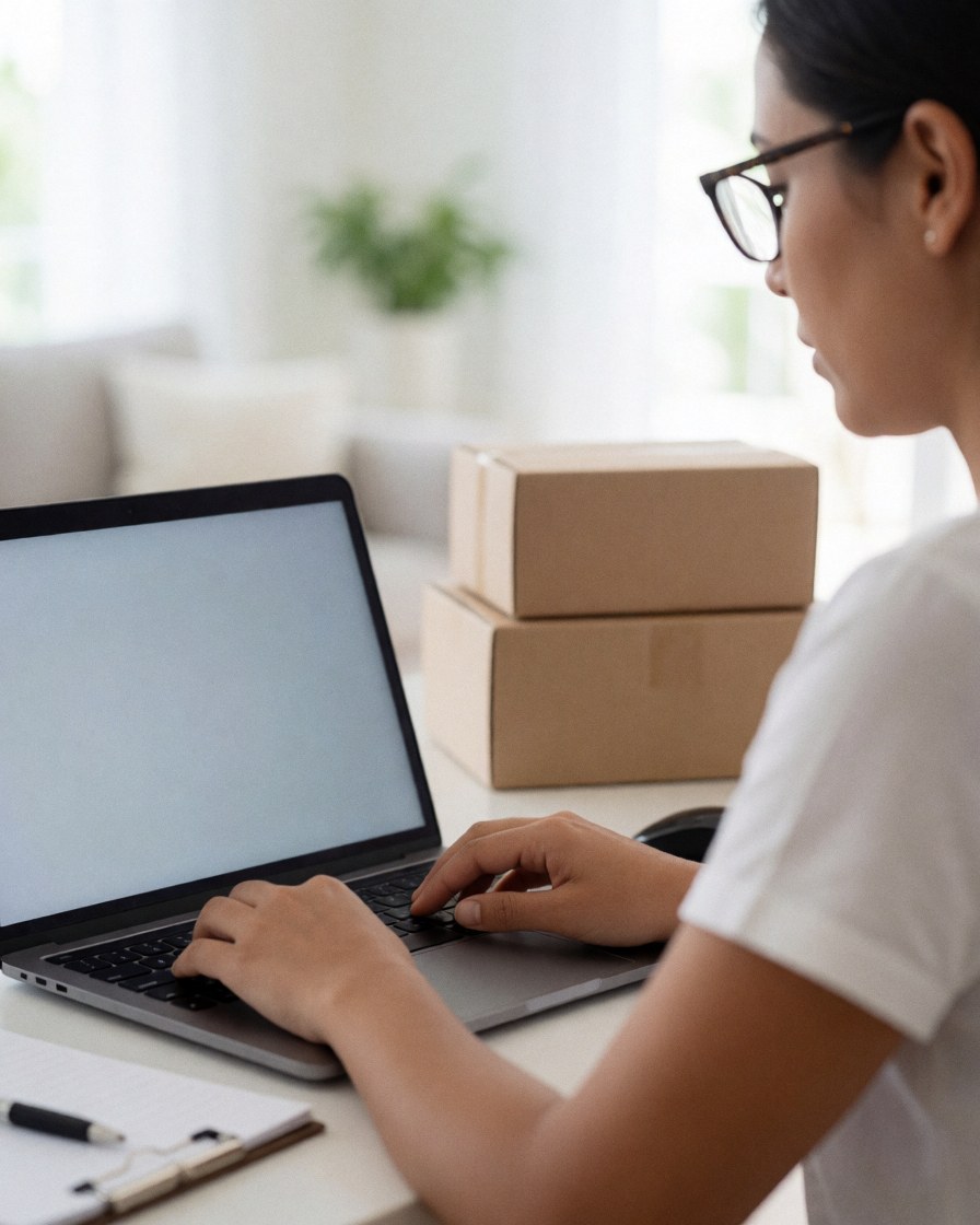Une femme travaille sur son ordinateur portable dans un bureau moderne avec des cartons d'expédition empilés, illustrant le commerce en ligne et la productivité.