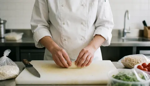 Un chef en cuisine professionnelle prépare de la pâte sur une planche à découper avec des ingrédients frais autour.