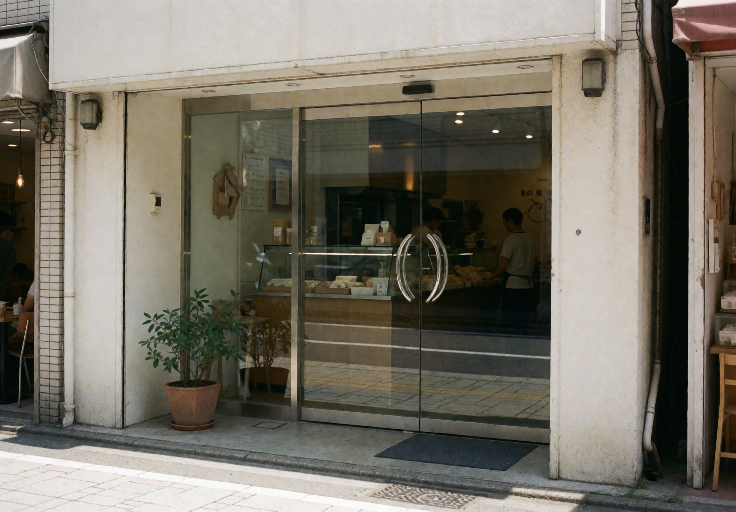 Entrée de local avec porte vitrée et plante en pot, murs blancs et reflets sur le verre