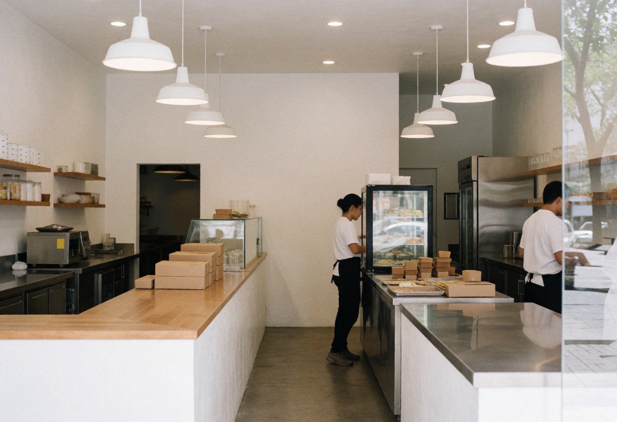 Deux employés servent des gâteaux dans une pâtisserie moderne avec des comptoirs en acier inoxydable et des suspensions blanches.