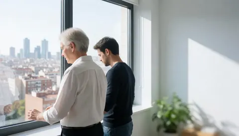 Deux professionnels observent le paysage urbain depuis une fenêtre baignée de lumière naturelle dans un bureau moderne et minimaliste.