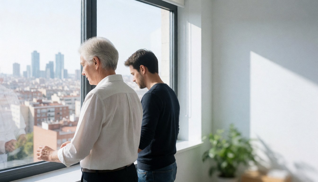 Deux professionnels observent le paysage urbain depuis une fenêtre baignée de lumière naturelle dans un bureau moderne et minimaliste.