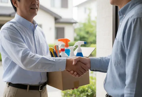 Un homme remet une boîte remplie de produits de nettoyage à un client à la porte de son domicile, illustrant un service en cours.