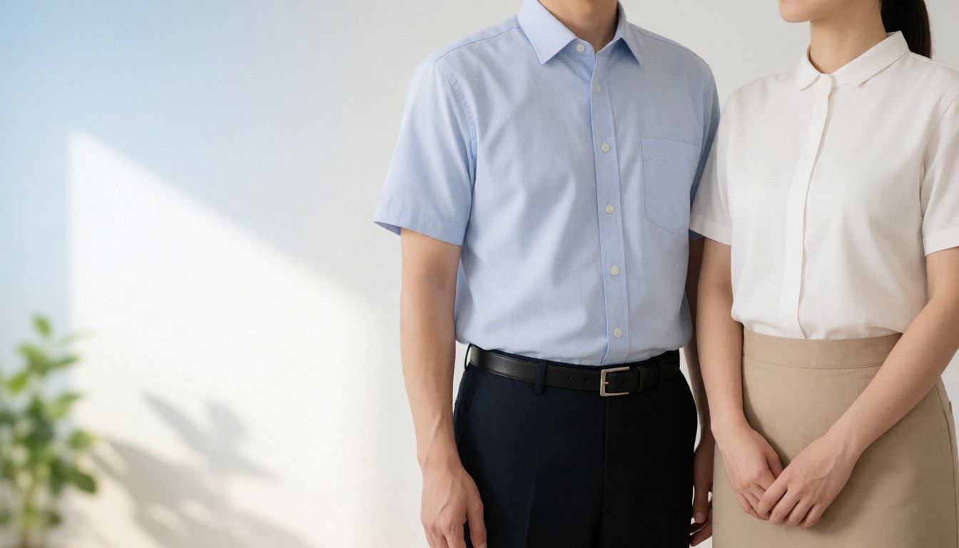 Un homme et une femme vêtus de chemises et pantalons de bureau, debout sur un fond blanc éclairé par une lumière naturelle.