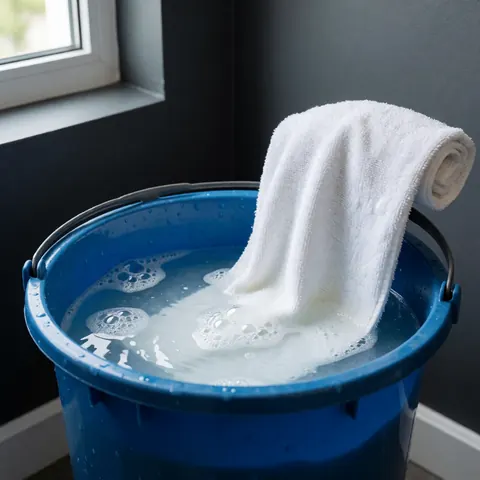 Un chiffon en microfibre blanc repose dans un seau bleu rempli d'eau savonneuse, illustrant un produit de nettoyage professionnel.