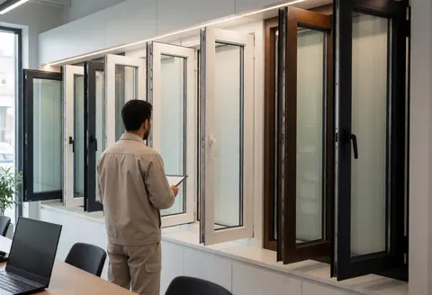 Un technicien examine des fenêtres en aluminium, PVC et verre dans un showroom moderne éclairé professionnellement.