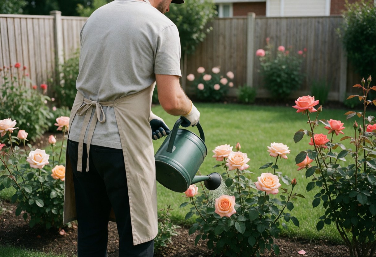 Un jardinier arrose des roses dans un jardin résidentiel avec une clôture en bois sous une lumière naturelle douce, scène de soin du jardin.
