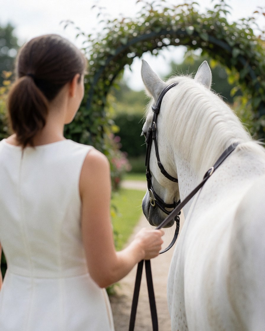 Vue arrière d'une cliente satisfaite tenant la bride d'un cheval blanc devant un arc de jardin verdoyant, évoquant la tranquillité d'un centre équestre.