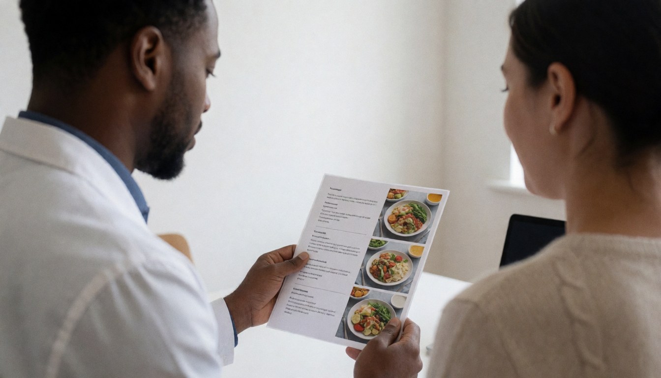 Un coach en forme montre un document nutritionnel à un client lors d'une consultation dans un bureau lumineux aux murs blancs.