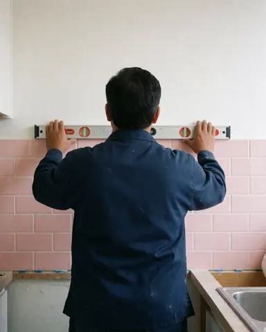 Un homme installe des carreaux roses sur un mur de cuisine en utilisant un niveau pour garantir un alignement précis.