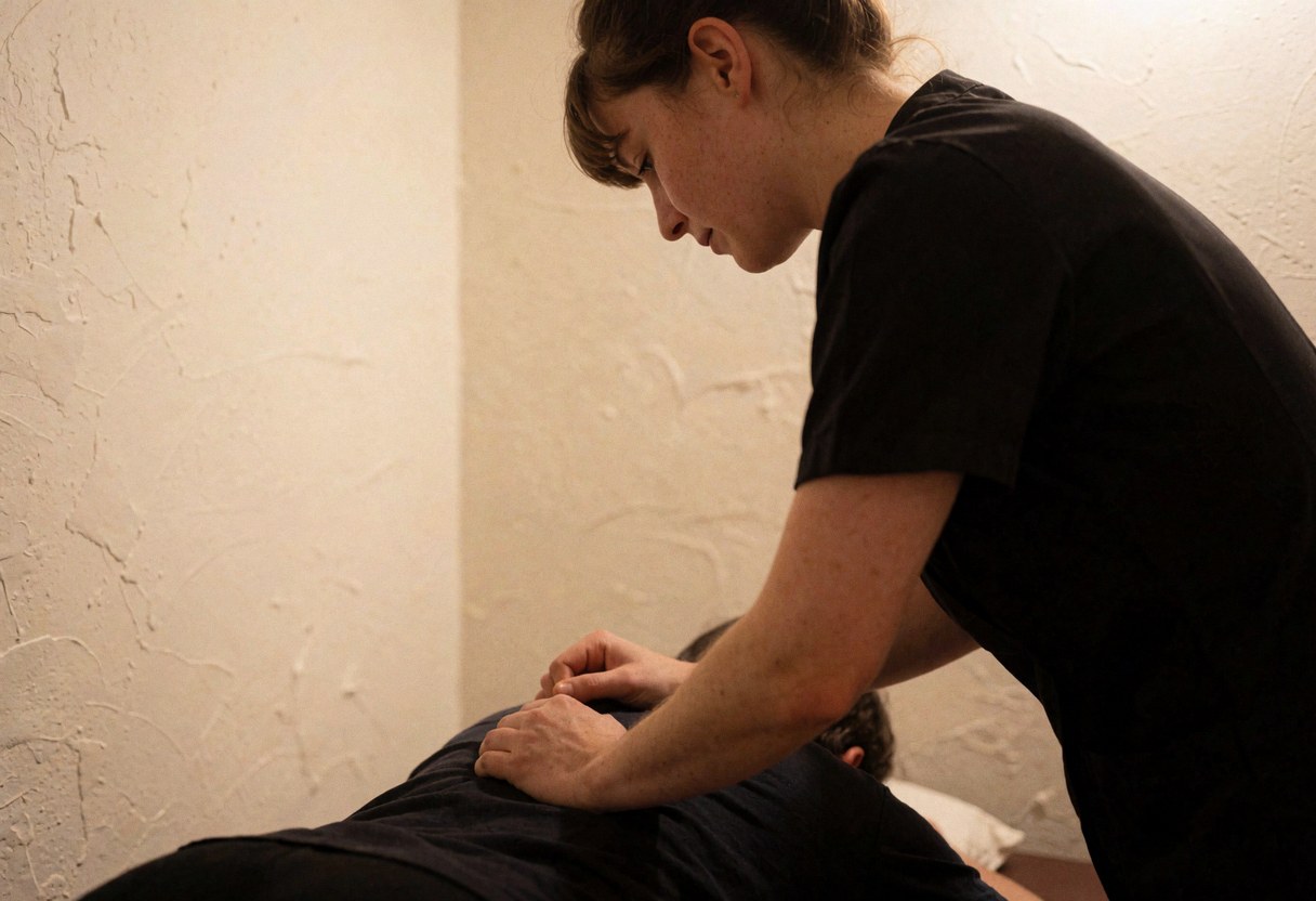 Un thérapeute applique un massage sur le dos d'un client allongé dans un espace aux murs blancs et à l'éclairage professionnel.