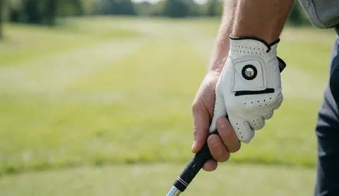 Gros plan d'une main portant un gant blanc tenant le manche d'un club de golf sur l'herbe verte en plein jour, idéal pour la formation de golfeurs.