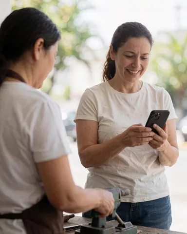 Une cliente satisfaite consulte son smartphone pendant qu'un technicien travaille avec un outil dans un atelier en plein air.